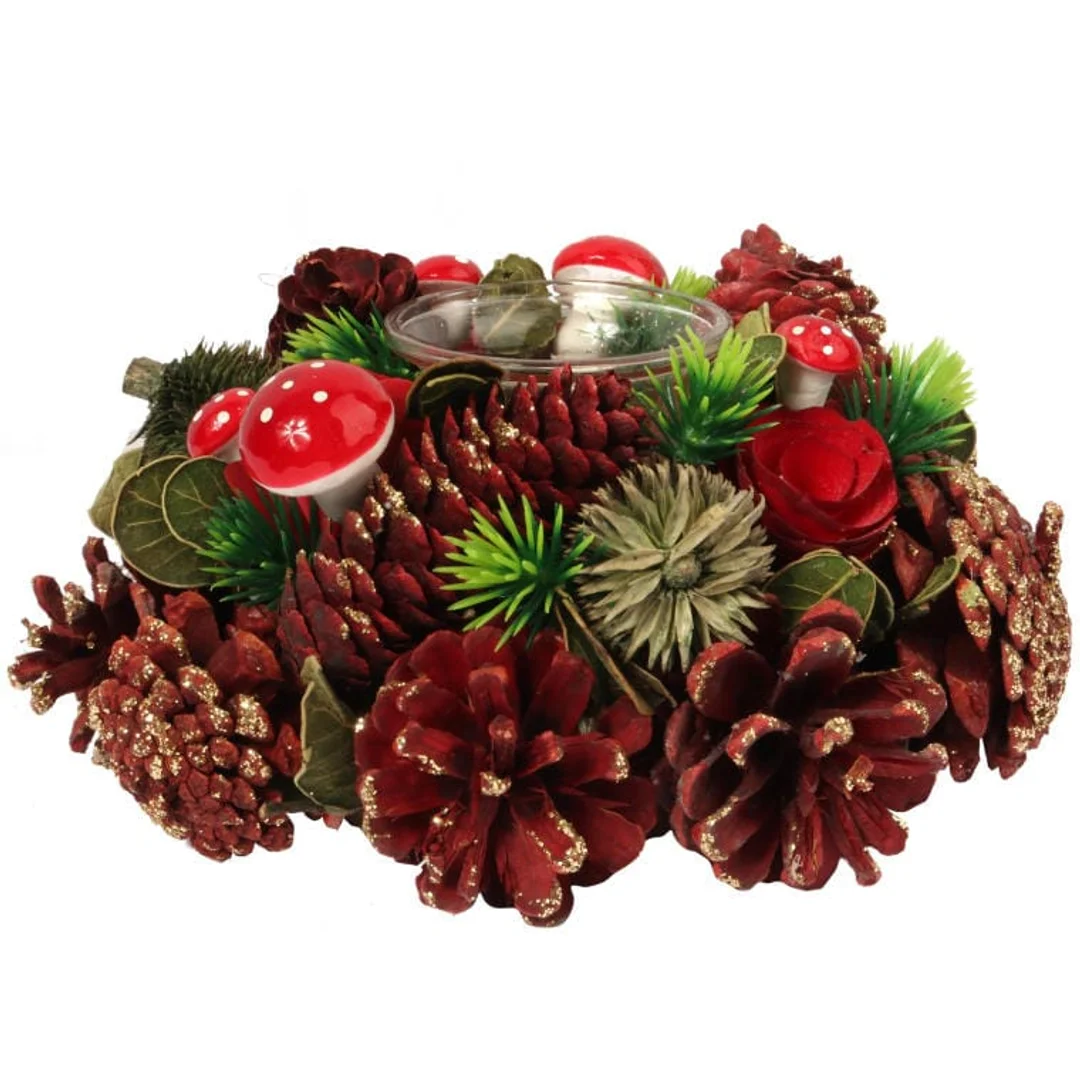 Świecznik-Wianek z Naturalnymi Szyszkami i Drewnem 28 cm ze Szklanym Pojemnikiem na Świeczkę — zdjęcie 3