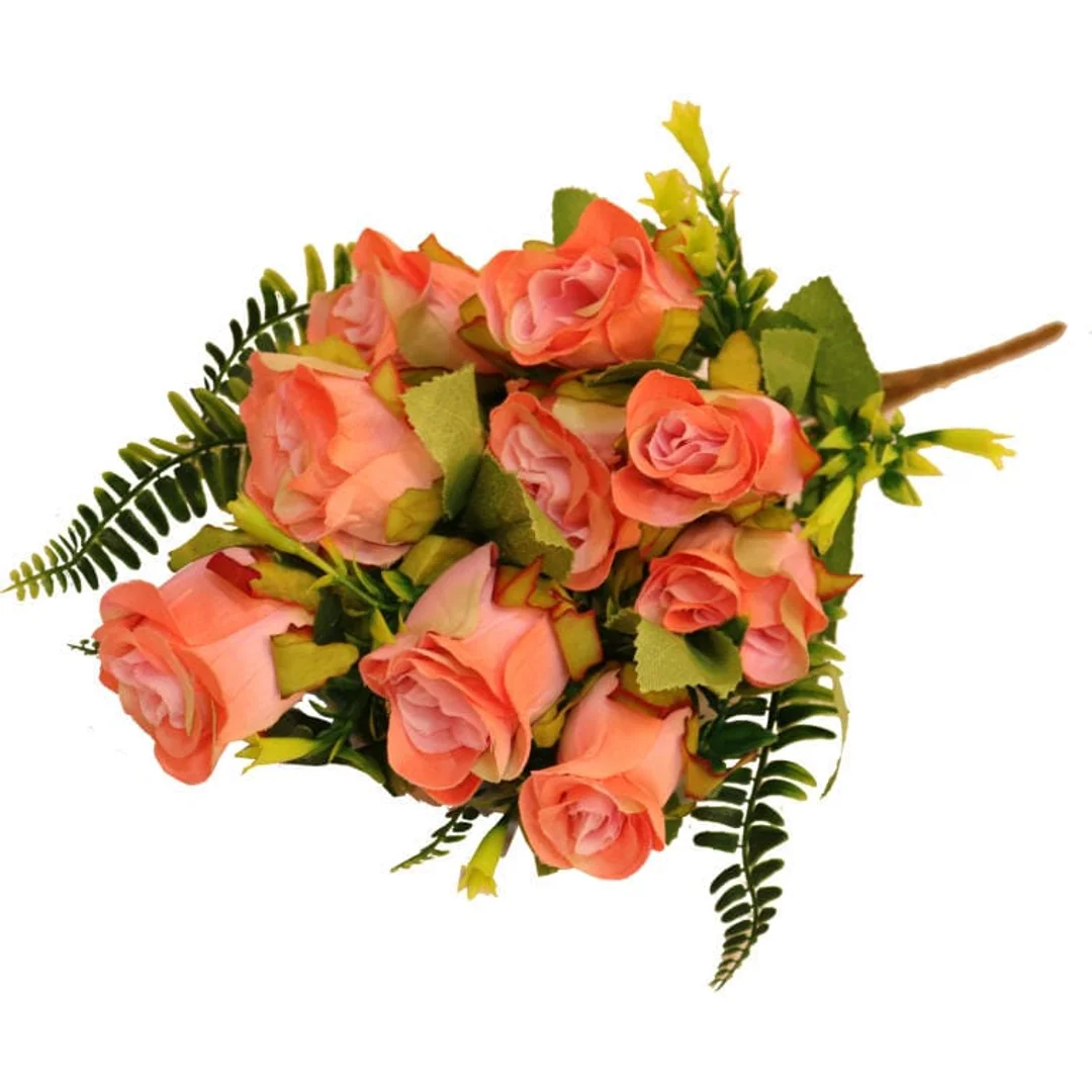 Sztuczny Bukiet 10 Pomarańczowych Róż z Paprotkami - Dekoracja Interiors, 40 cm — zdjęcie 3