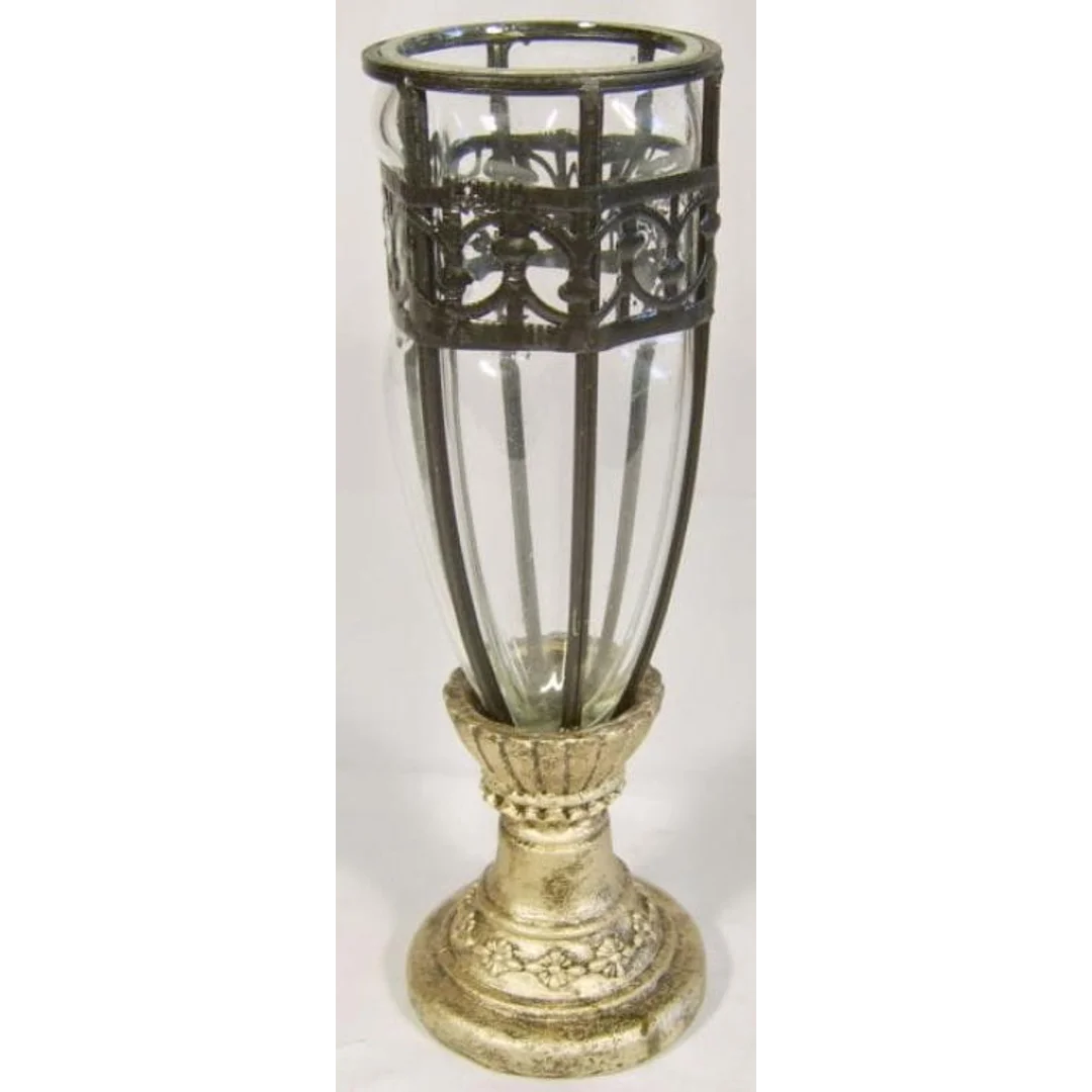 Wazon szklany z czarną metaloplastyką na złotej podstawie 28x8 cm — zdjęcie 2