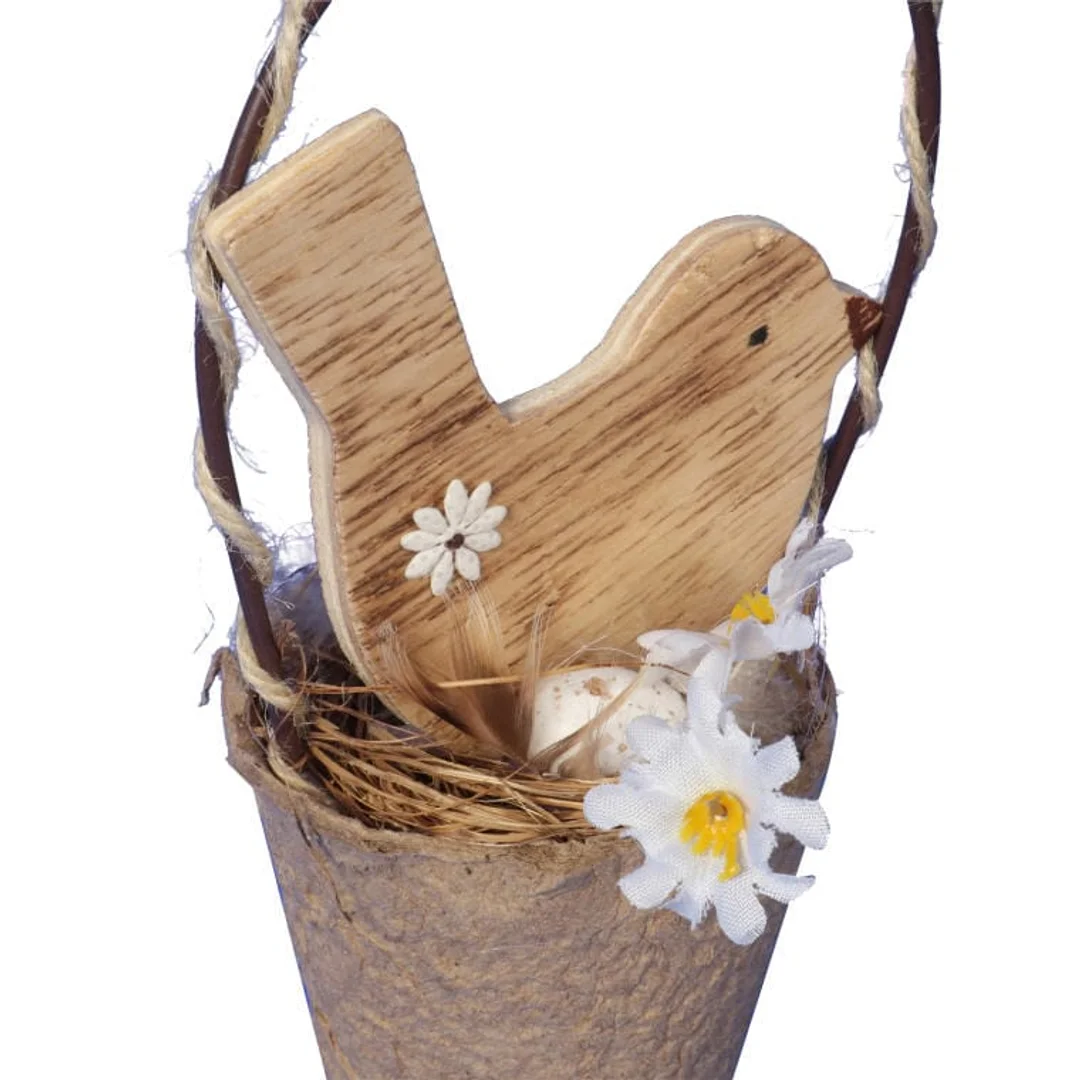 Wielkanocny Drewniany Ptak w Koszyczku z Jajkami - Stroik Dekoracyjny, Kolor Brązowy, 16 cm — zdjęcie 2