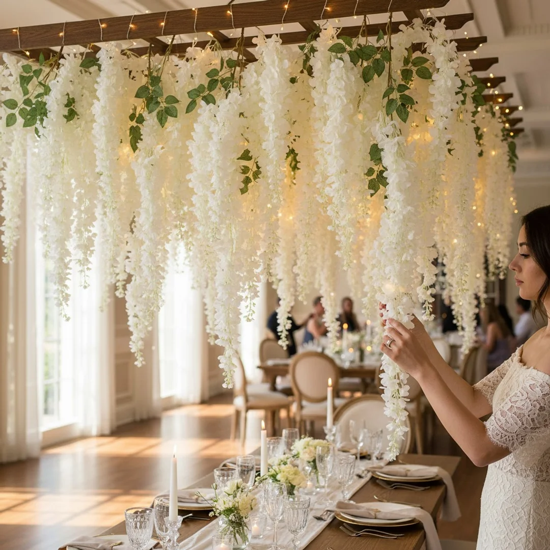 Wisteria Sztuczne Kwiaty Girlanda Glicynia Kwiaty Wiszące Balkon Taras Ślub biała - 7