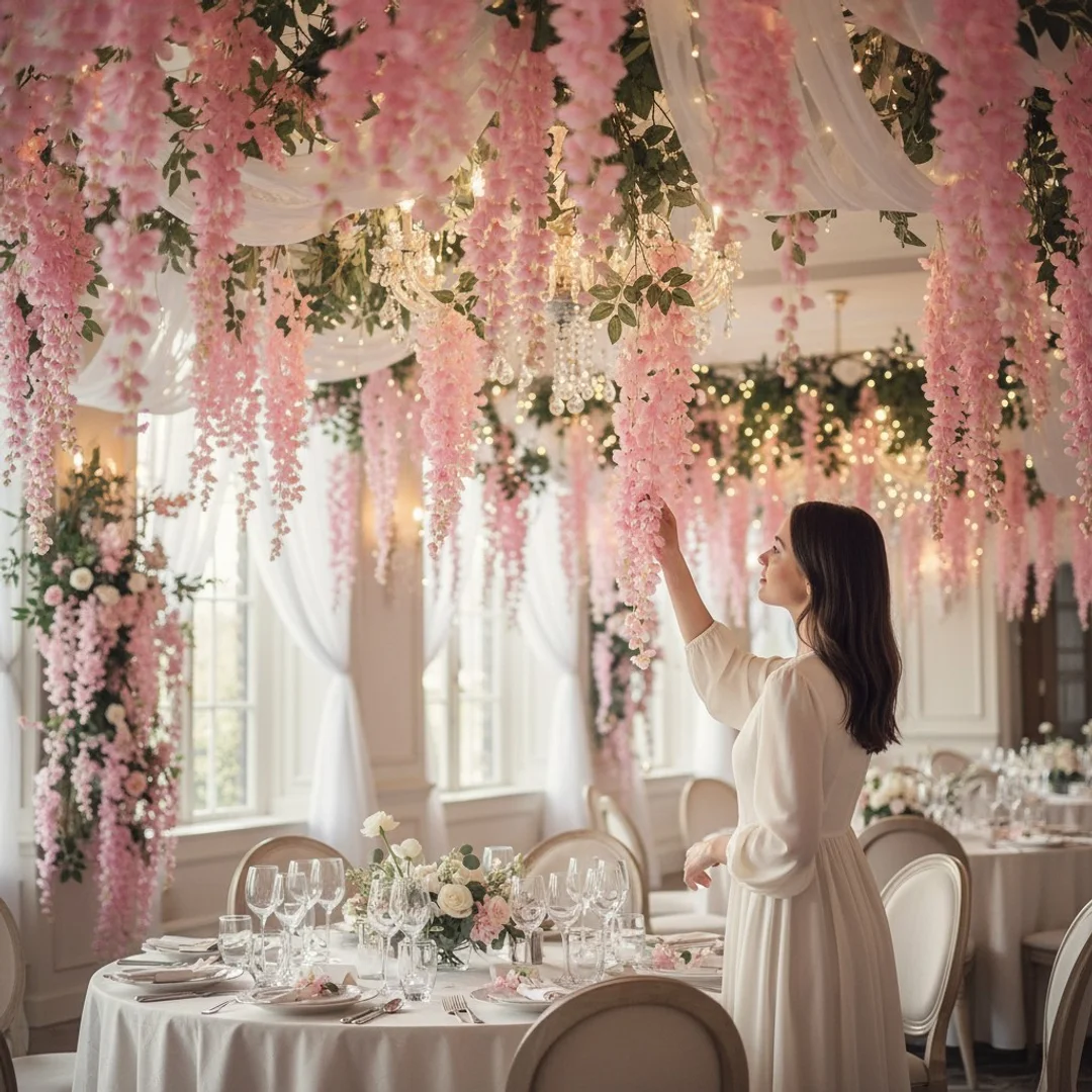 Wisteria Sztuczne Kwiaty Girlanda Glicynia Kwiaty Wiszące Balkon Taras Ślub różowa - 7