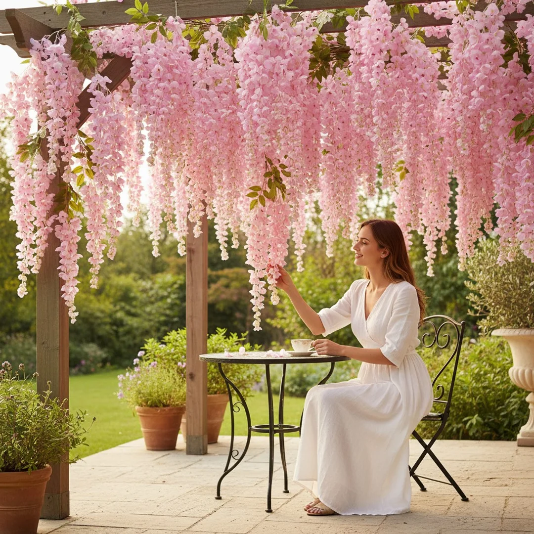 Wisteria Sztuczne Kwiaty Girlanda Glicynia Kwiaty Wiszące Balkon Taras Ślub różowa - 8