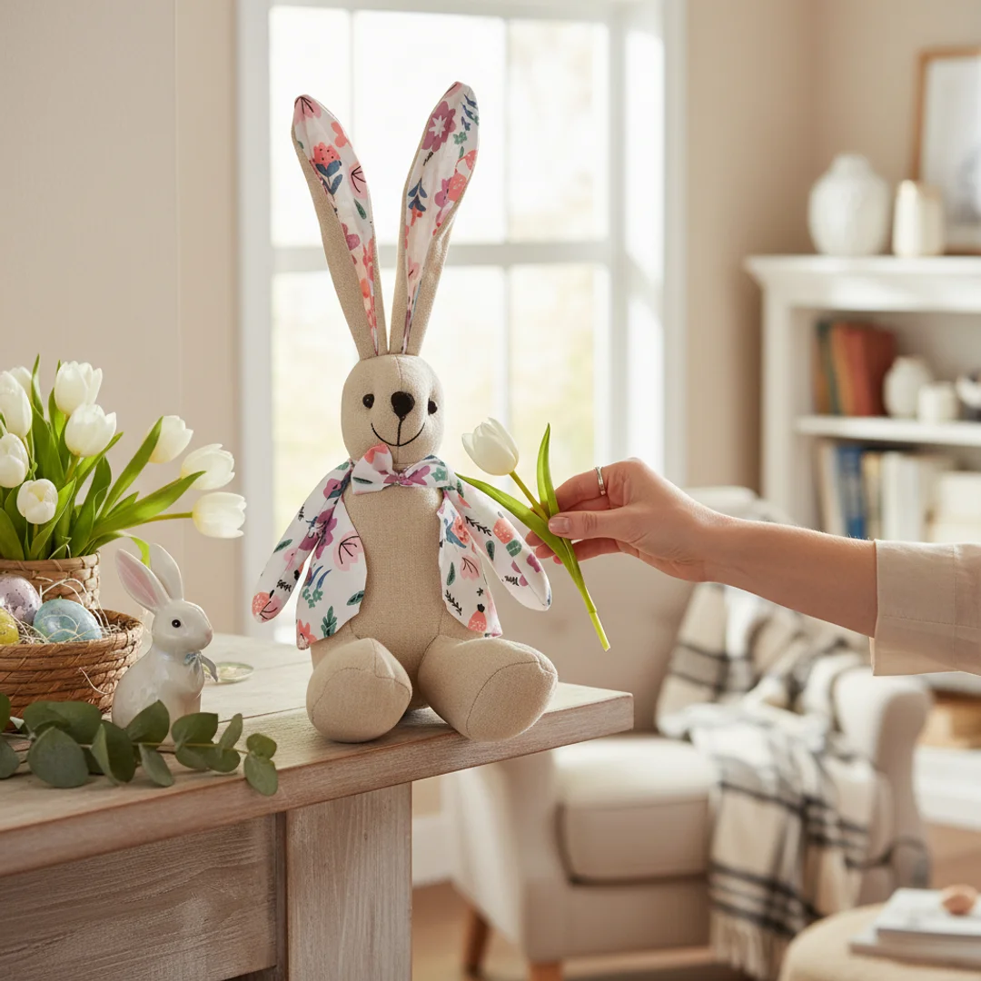 Zając siedzący Ozdoba Wielkanocna Figurka w ubranku w różowe kwiatki 36 cm — zdjęcie 6