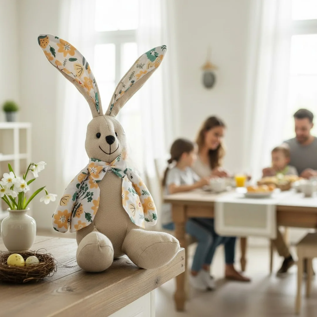 Zając siedzący Ozdoba Wielkanocna Figurka w ubranku w żółte kwiatki 36 cm — zdjęcie 6