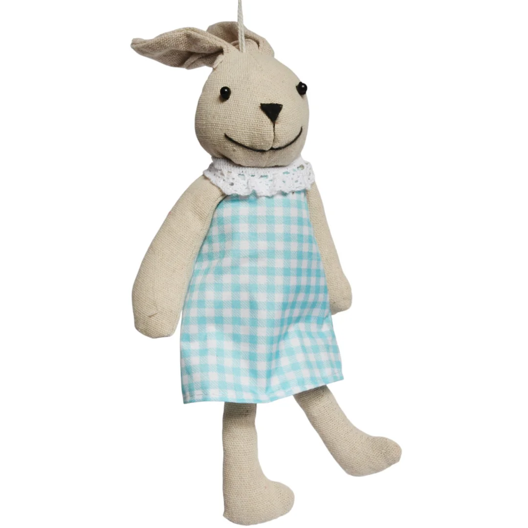 Zając zawieszka lniana Ozdoba Wielkanocna Figurka w niebieskiej sukience 26 cm — zdjęcie 3