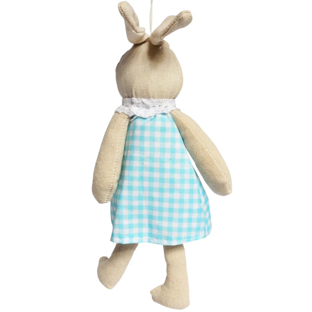 Zając zawieszka lniana Ozdoba Wielkanocna Figurka w niebieskiej sukience 26 cm — zdjęcie 4