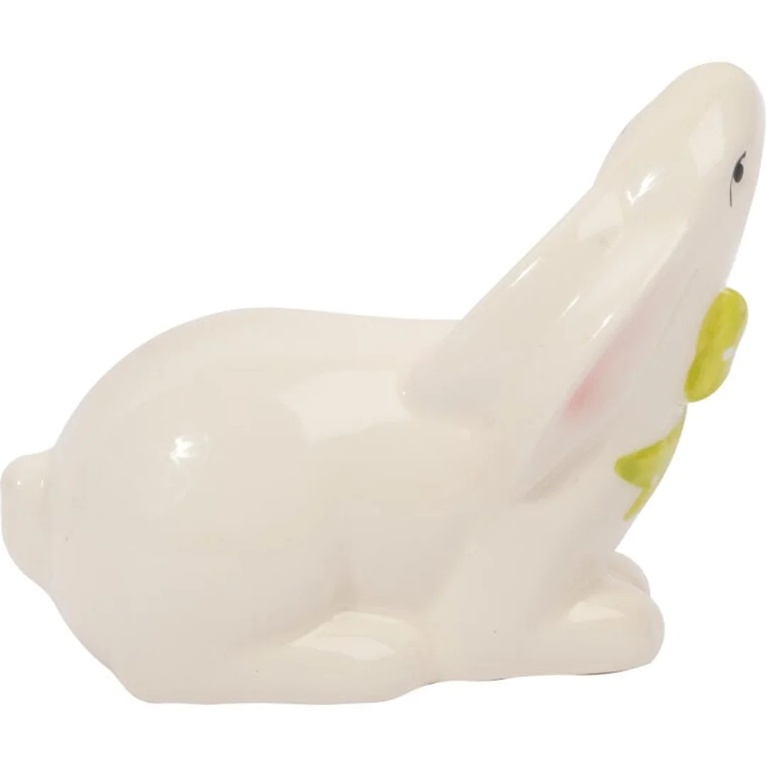 Zajączek ceramiczny w kolorze białym z zieloną kokardką — zdjęcie 2