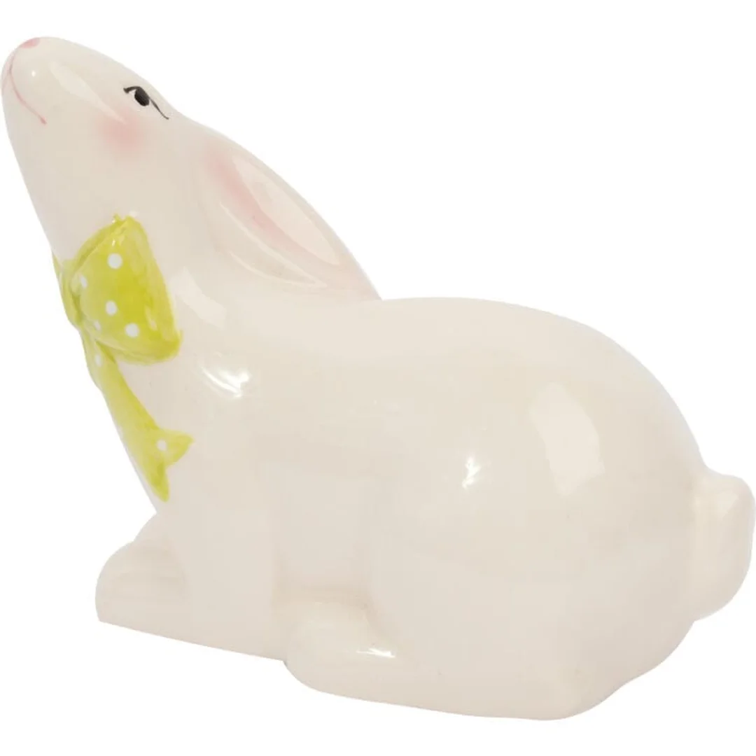 Zajączek ceramiczny w kolorze białym z zieloną kokardką — zdjęcie 3