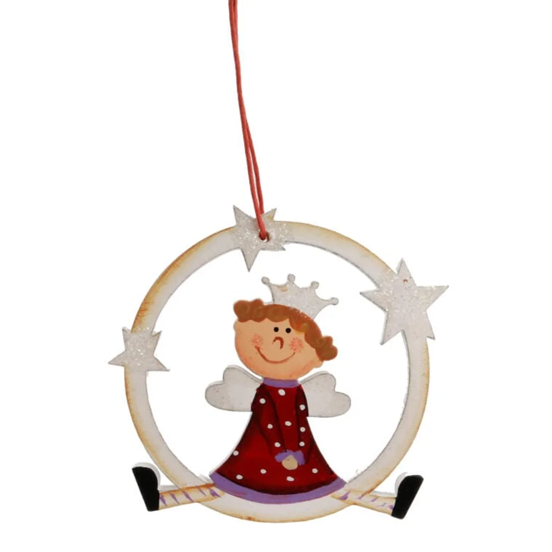 Zawieszka Drewniana: Czerwony Anioł w Kole - Witrazyk, Wysokość 12 cm — zdjęcie 2