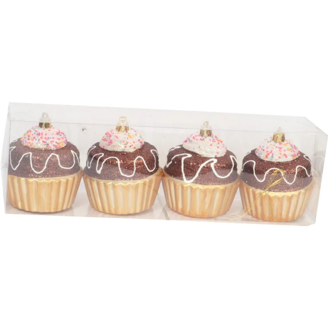 Zestaw 4 Bombek Bożonarodzeniowych Muffinki Czekoladowe z Brokatem, 8 cm, Plastikowe — zdjęcie 2