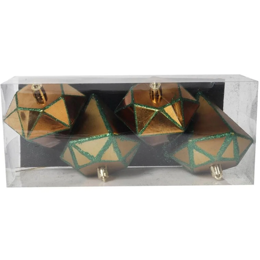 Zestaw 4 Złotych Bombek Plastikowych w Kształcie Diamentów z Zielonym Brokatem, 10 cm — zdjęcie 2