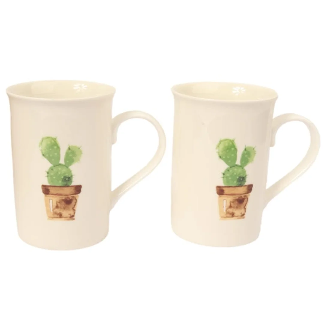 Zestaw Prezentowy Green Love - Dwa Kubki Ceramiczne z Łyżeczkami o Motywie Kaktusa