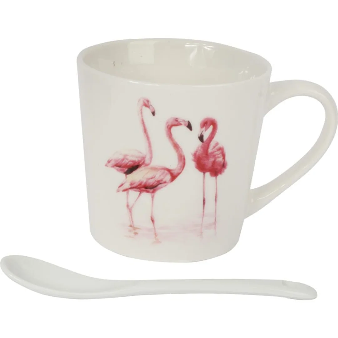 Zestaw prezentowy kubek i łyżeczka ceramiczna we flamingi