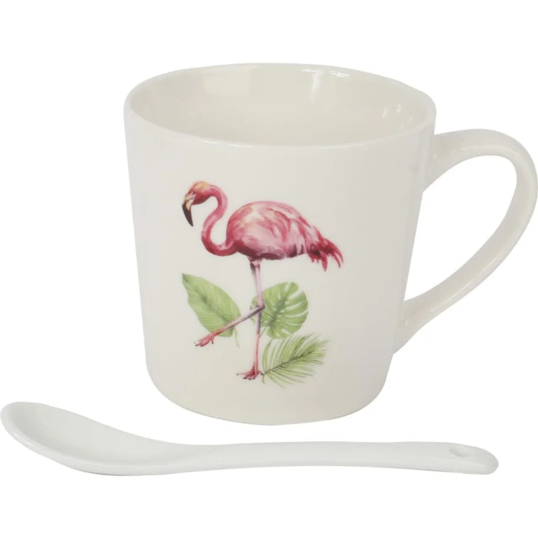 Zestaw prezentowy kubek i łyżeczka ceramiczna we flamingi z liśćmi