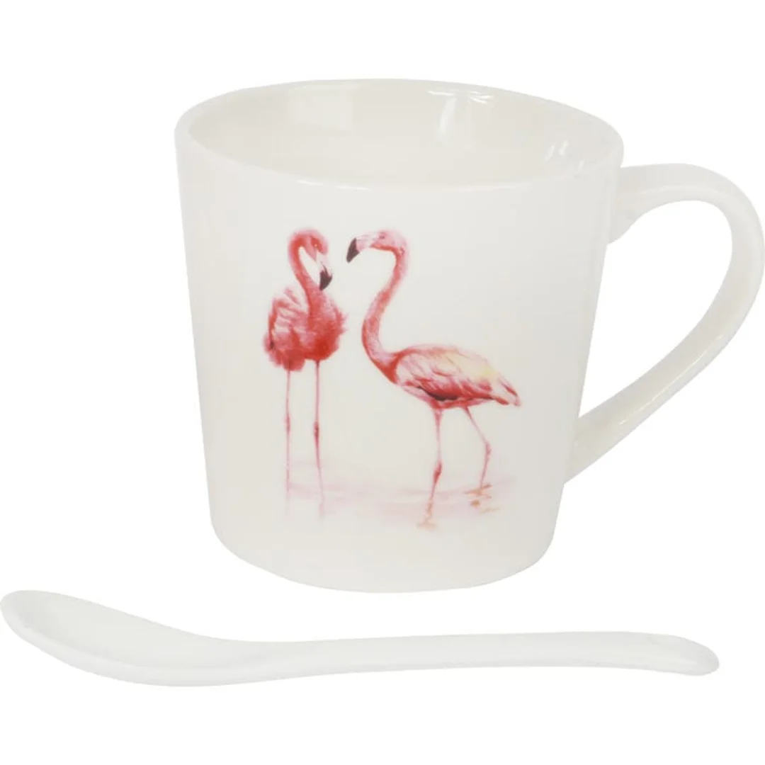 Zestaw prezentowy kubek i łyżeczka ceramiczna ze stojącymi flamingami