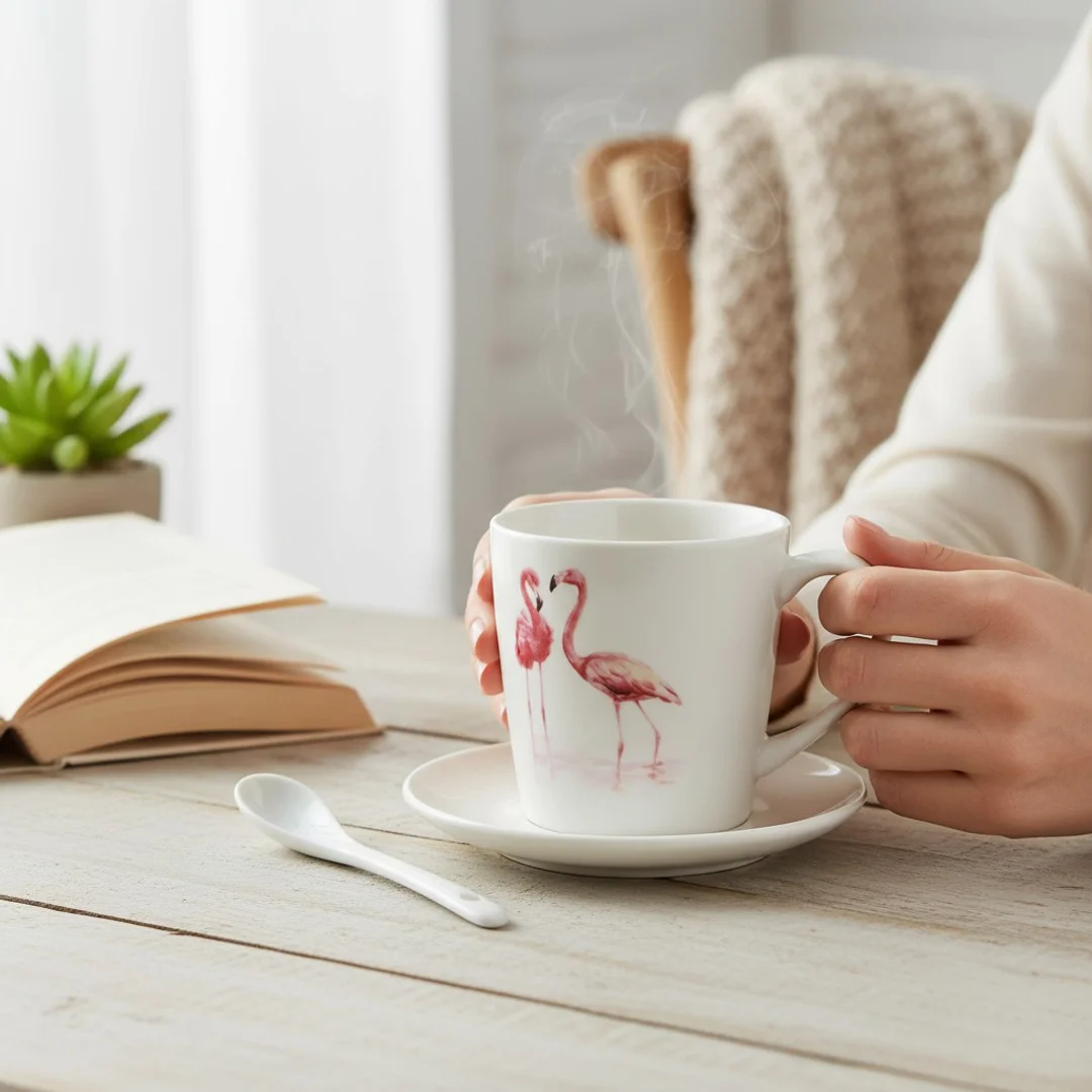 Zestaw prezentowy kubek i łyżeczka ceramiczna ze stojącymi flamingami