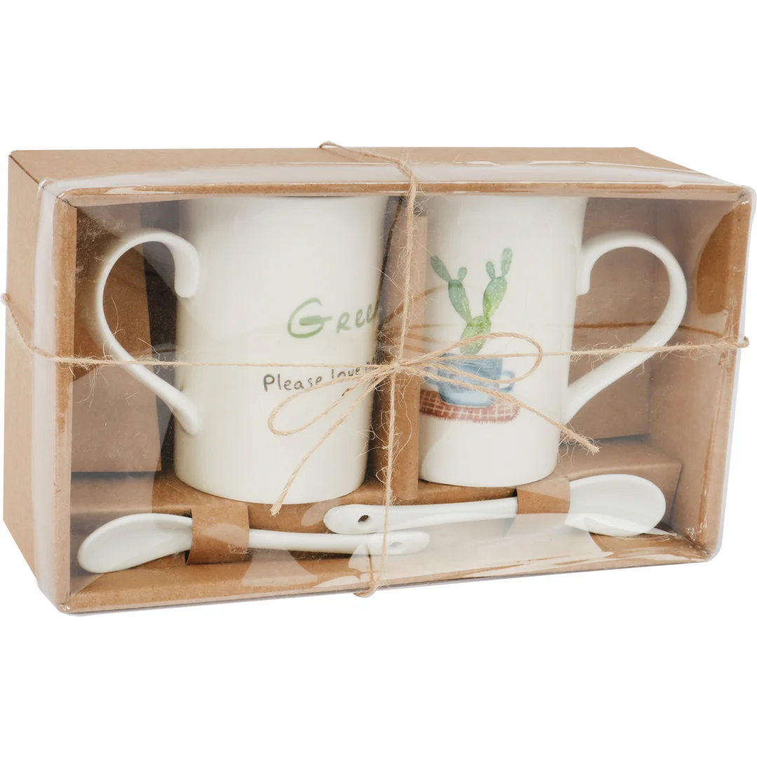 Zestaw Prezentowy Love 2 Kubki Ceramiczne z Łyżeczkami w Motywie Kaktusa
