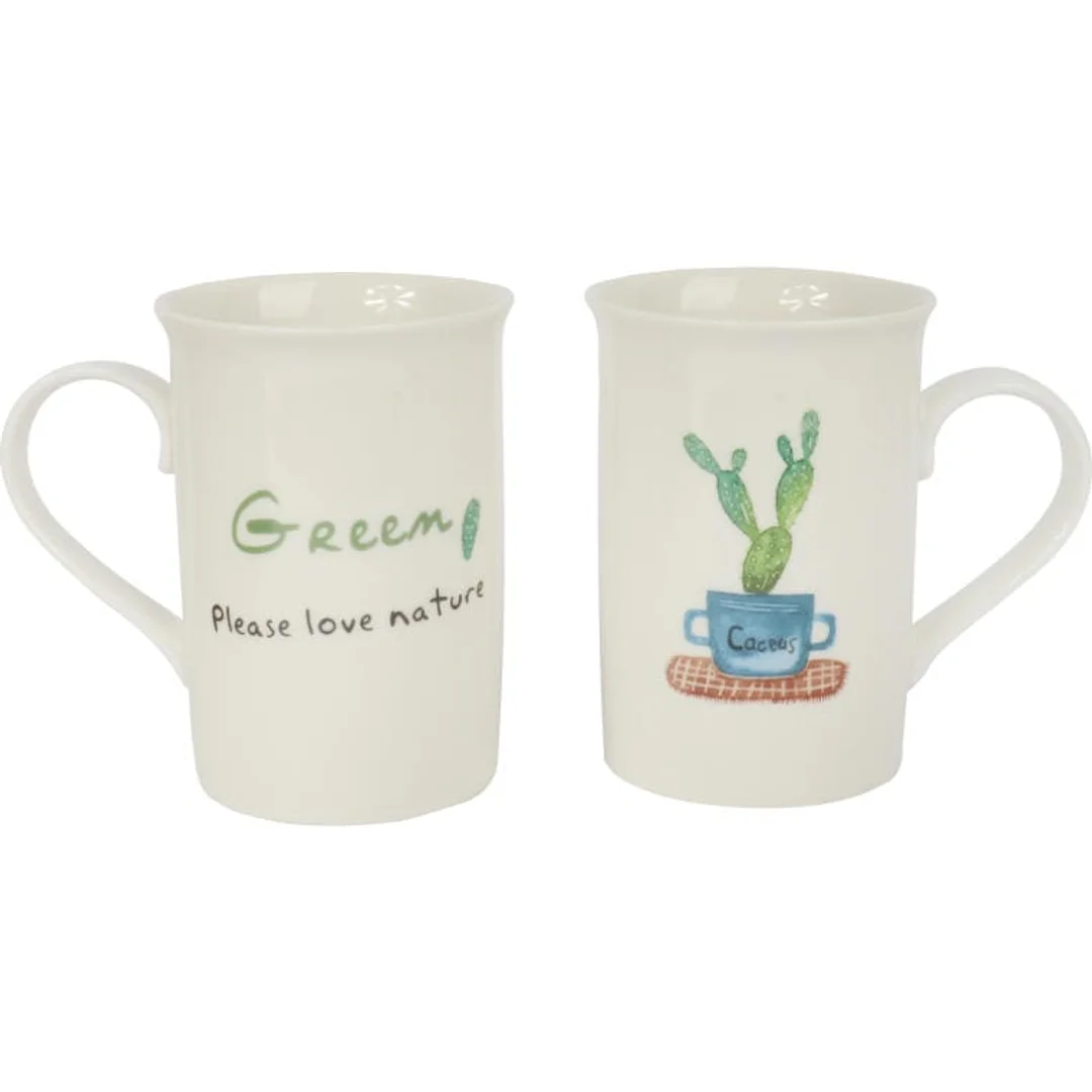 Zestaw Prezentowy Love 2 Kubki Ceramiczne z Łyżeczkami w Motywie Kaktusa