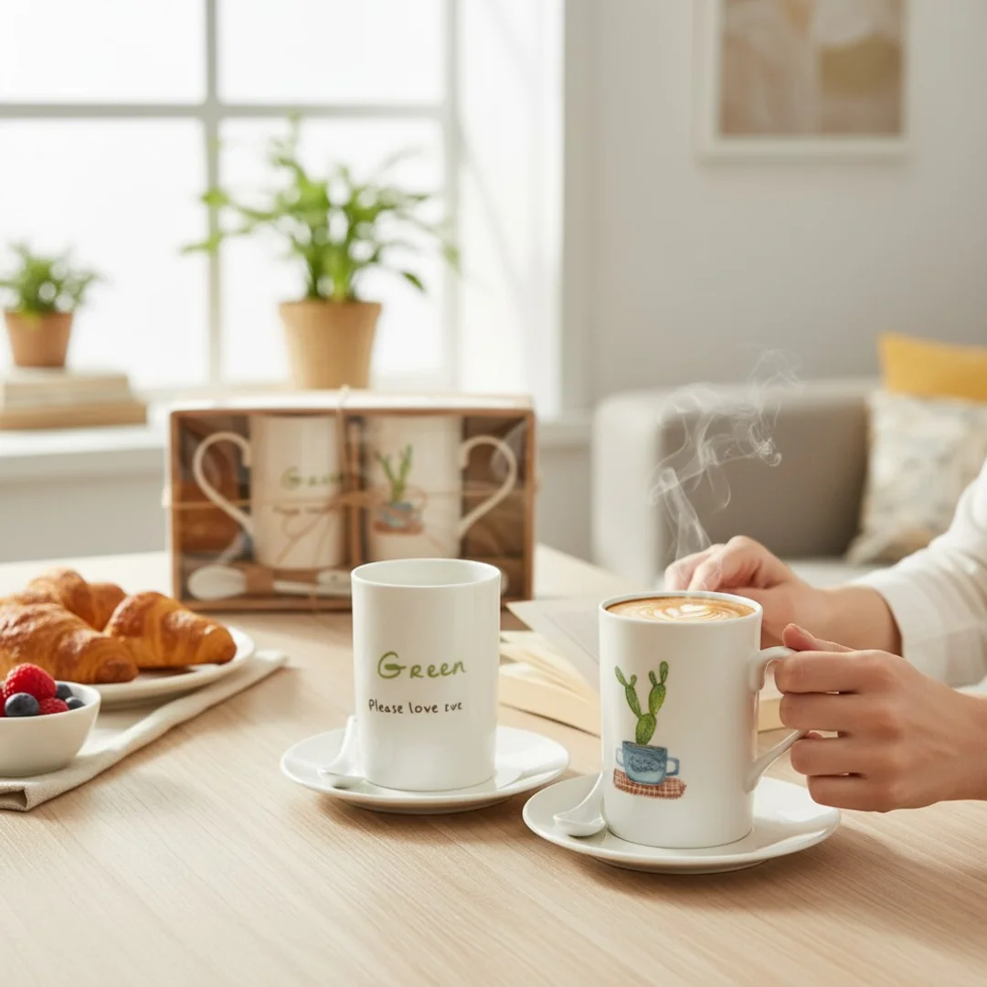 Zestaw Prezentowy Love 2 Kubki Ceramiczne z Łyżeczkami w Motywie Kaktusa