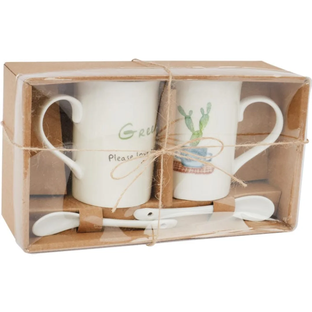 Zestaw Prezentowy Love 2 Kubki Ceramiczne z Łyżeczkami w Motywie Kaktusa