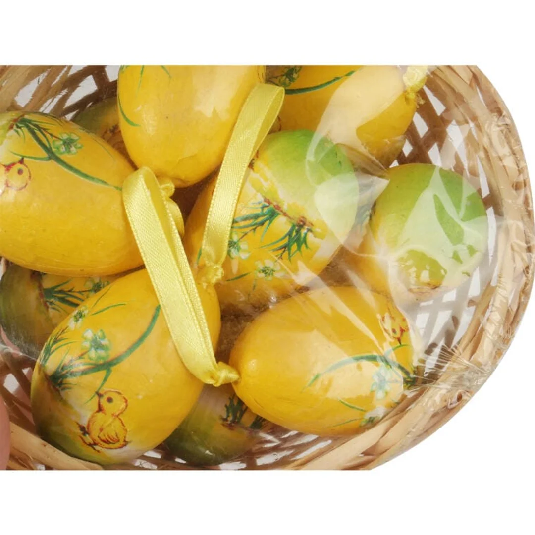 Zestaw Wielkanocnych Ozdób - Żółte Jajka Styropianowe w Koszyczku 10 szt, 8 cm — zdjęcie 2