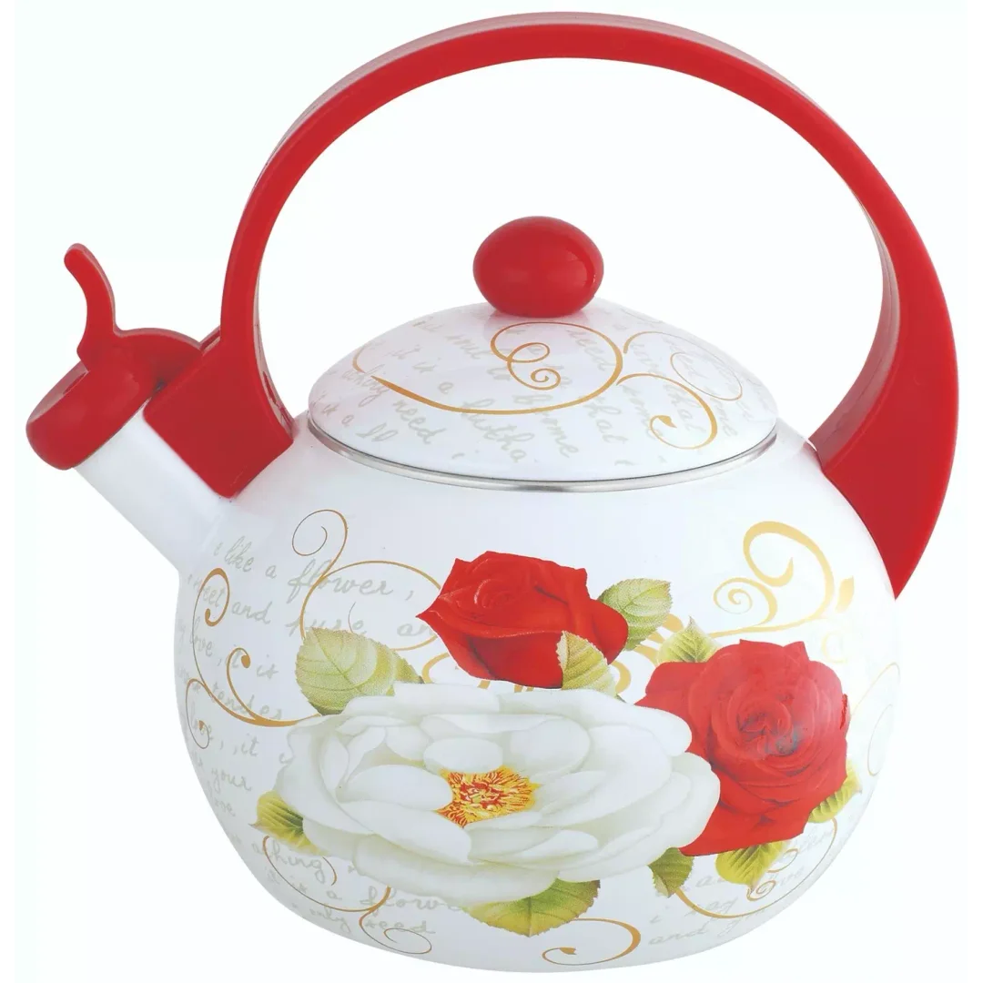 Czajnik z gwizdkiem, stal emaliowana, wzór - czerwone i białe róże, 2l, KINGHoff, KH-1910