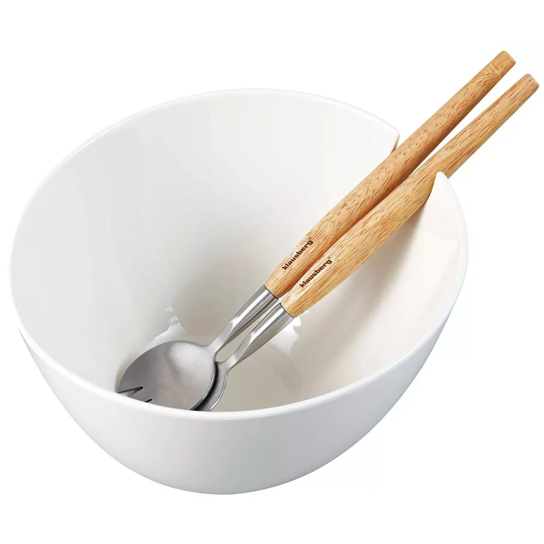 Misa ceramiczna do sałat, biała, z zestawem stalowych łyżek z drewnianymi uchwytami, Klausberg, KB-7787