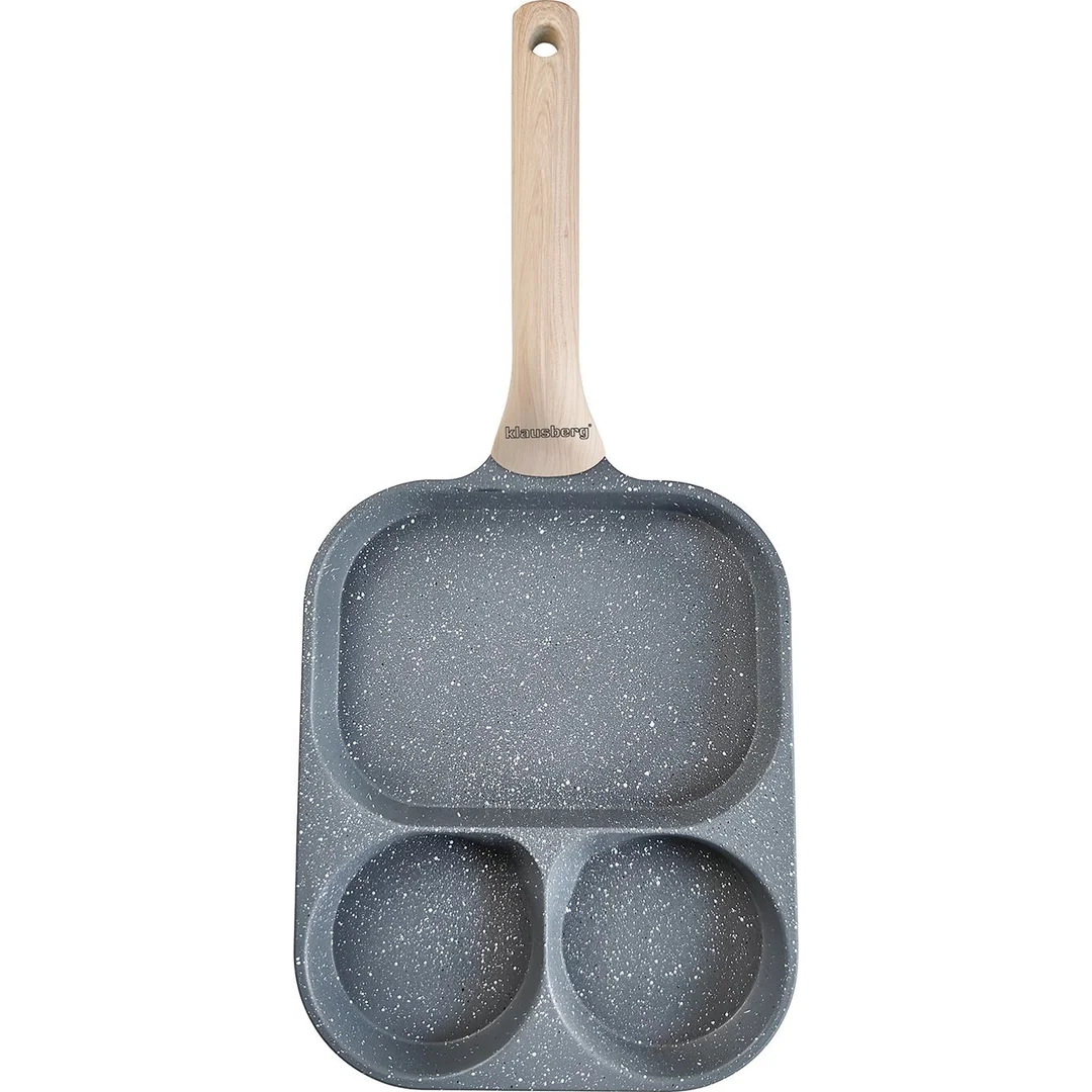 Patelnia prostokątna z powłoką nieprzywieralną, 3 sekcje, szara z drewnopodobną rączką, 41x19,2x2,8cm, Klausberg, KB-7828