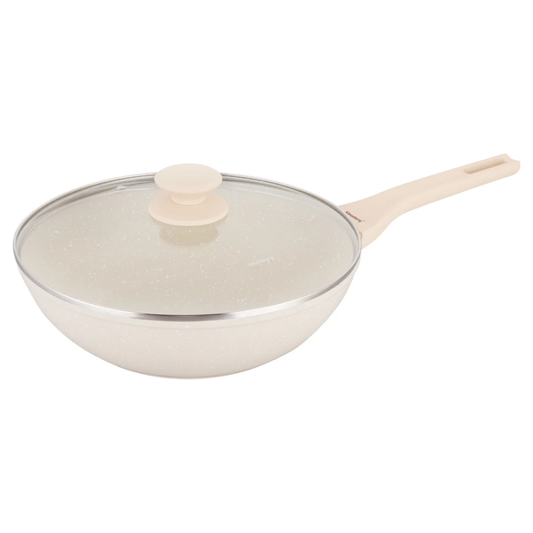 Patelnia WOK marmurowa 28 cm kremowa z pokrywką, Klausberg KB-7991