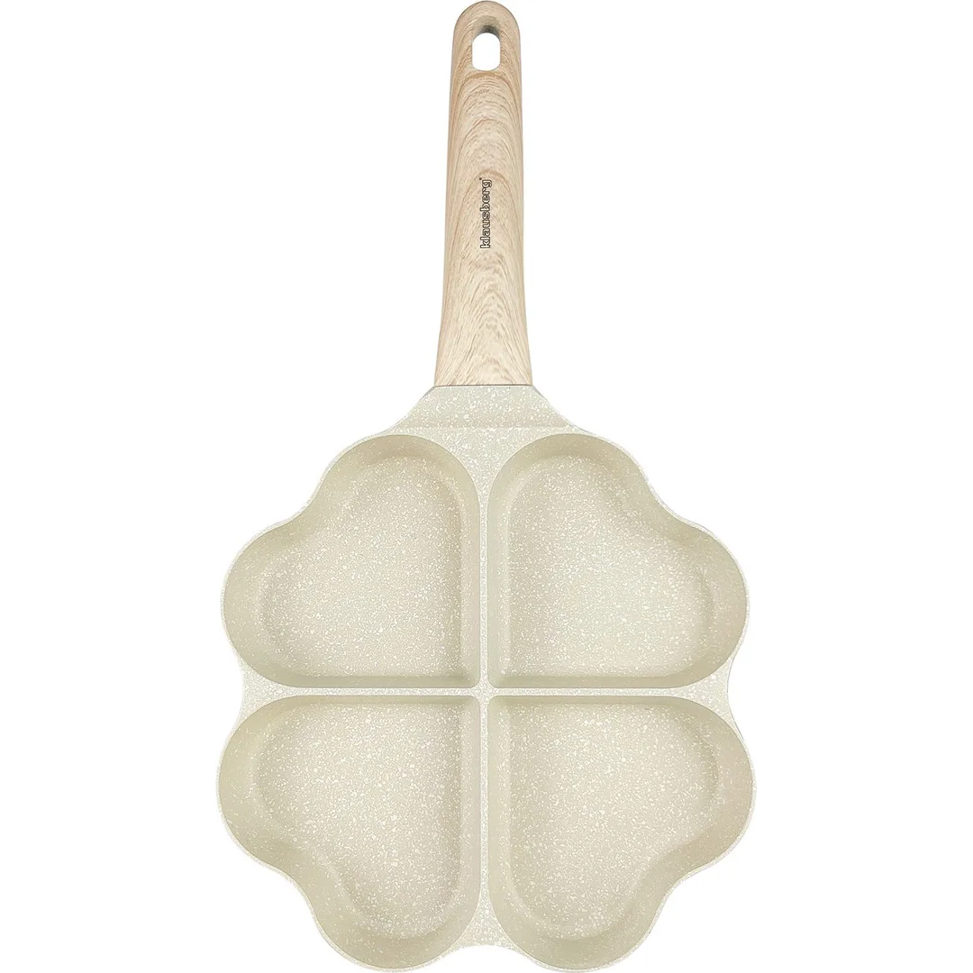 Patelnia z powłoką nieprzywieralną, 4 sekcje w kształcie serca, beżowa z drewnopodobną rączką, 35,5x19,2x2,8cm,Klausberg,KB-7819