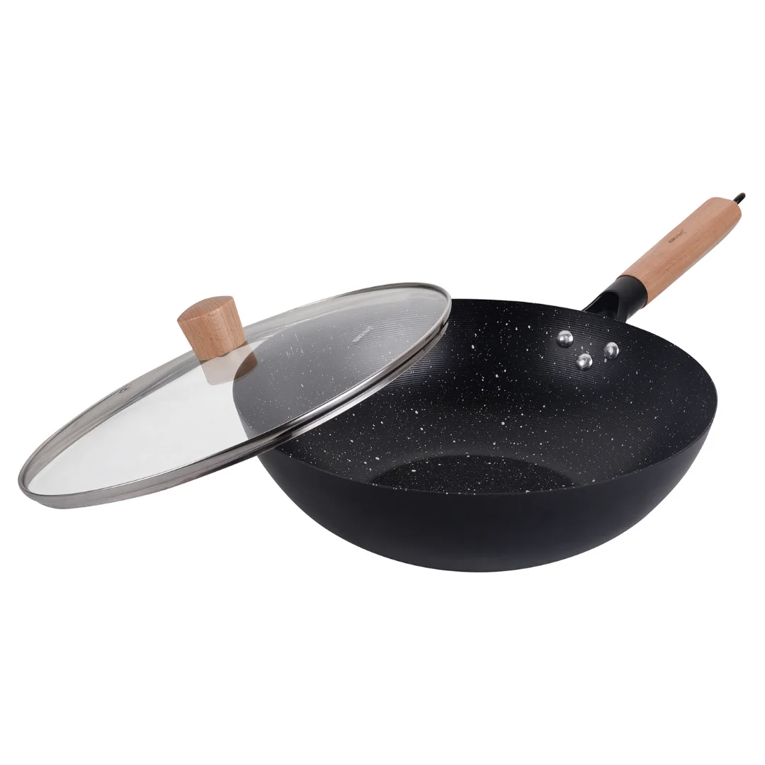 Wok z pokrywką 30 cm, stal węglowa, marmurkowa powłoka nieprzywierająca, drewniany uchwyt, KINGHoff, KH-1984