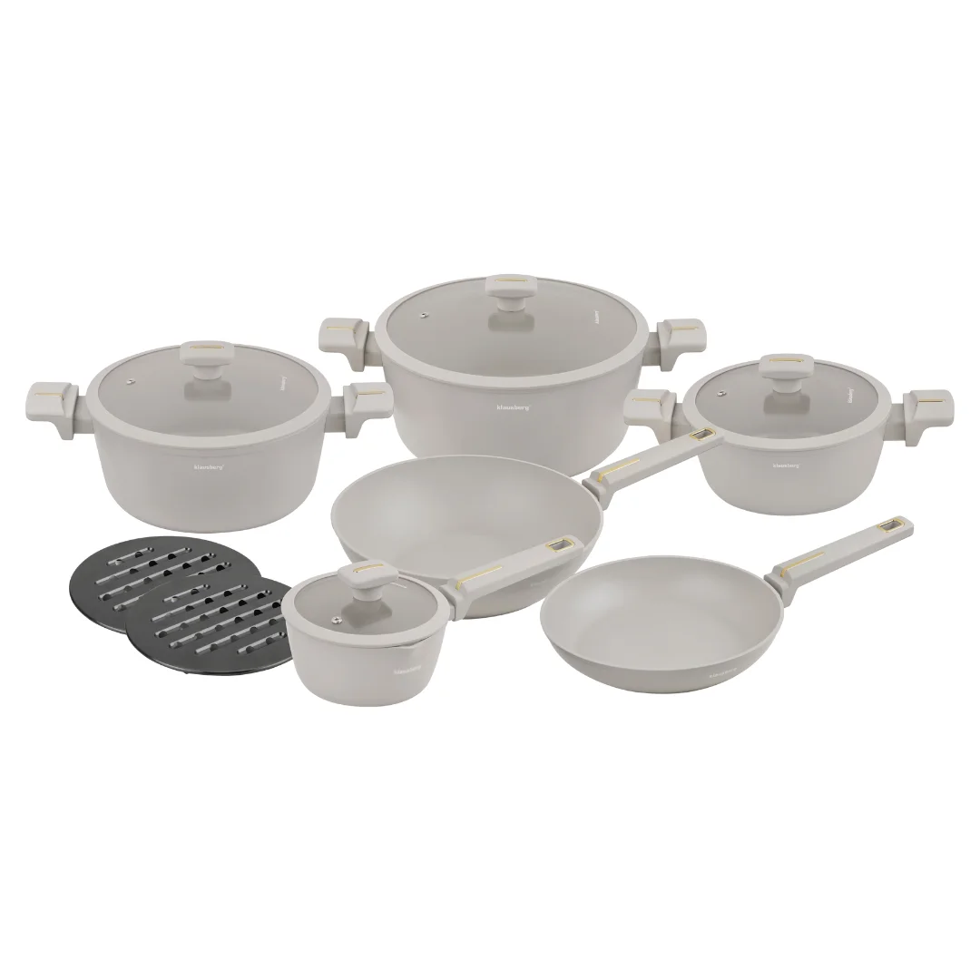 Zestaw garnków 12-elementowy z patelnią wok, aluminium odlewane, powłoka nieprzywierająca, beżowy, Klausberg, KB-7969