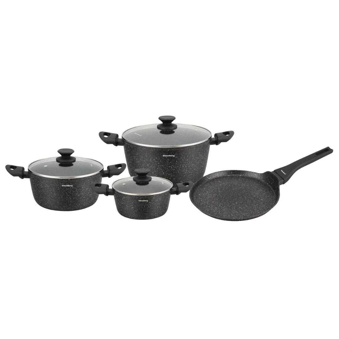 Zestaw garnków 7 elementów z patelnią naleśnikową, aluminium odlewane, marmurkowa powłoka non-stick, czarny, Klausberg, KB-7962