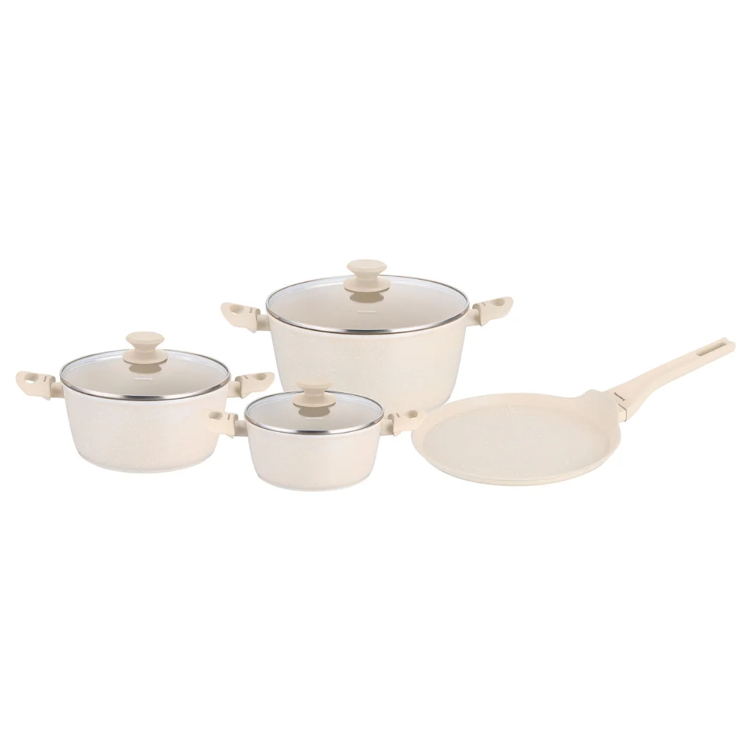 Zestaw garnków 7 elementów z patelnią naleśnikową, aluminium odlewane, marmurowa powłoka non-stick, beżowy, Klausberg, KB-7963