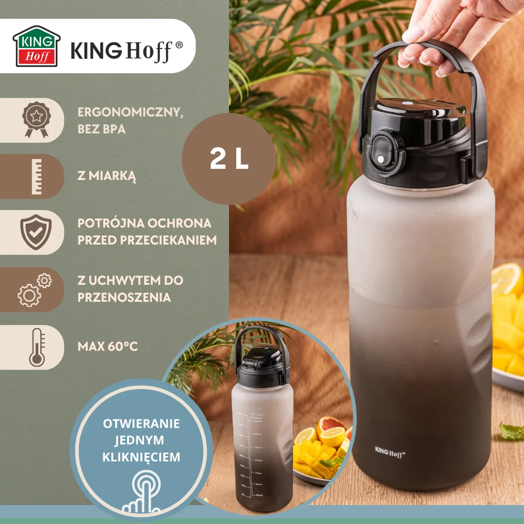 Butelka na wodę 2L, ze słomką, BPA-free, szczelna, KINGHoff KH-2009 — zdjęcie 3