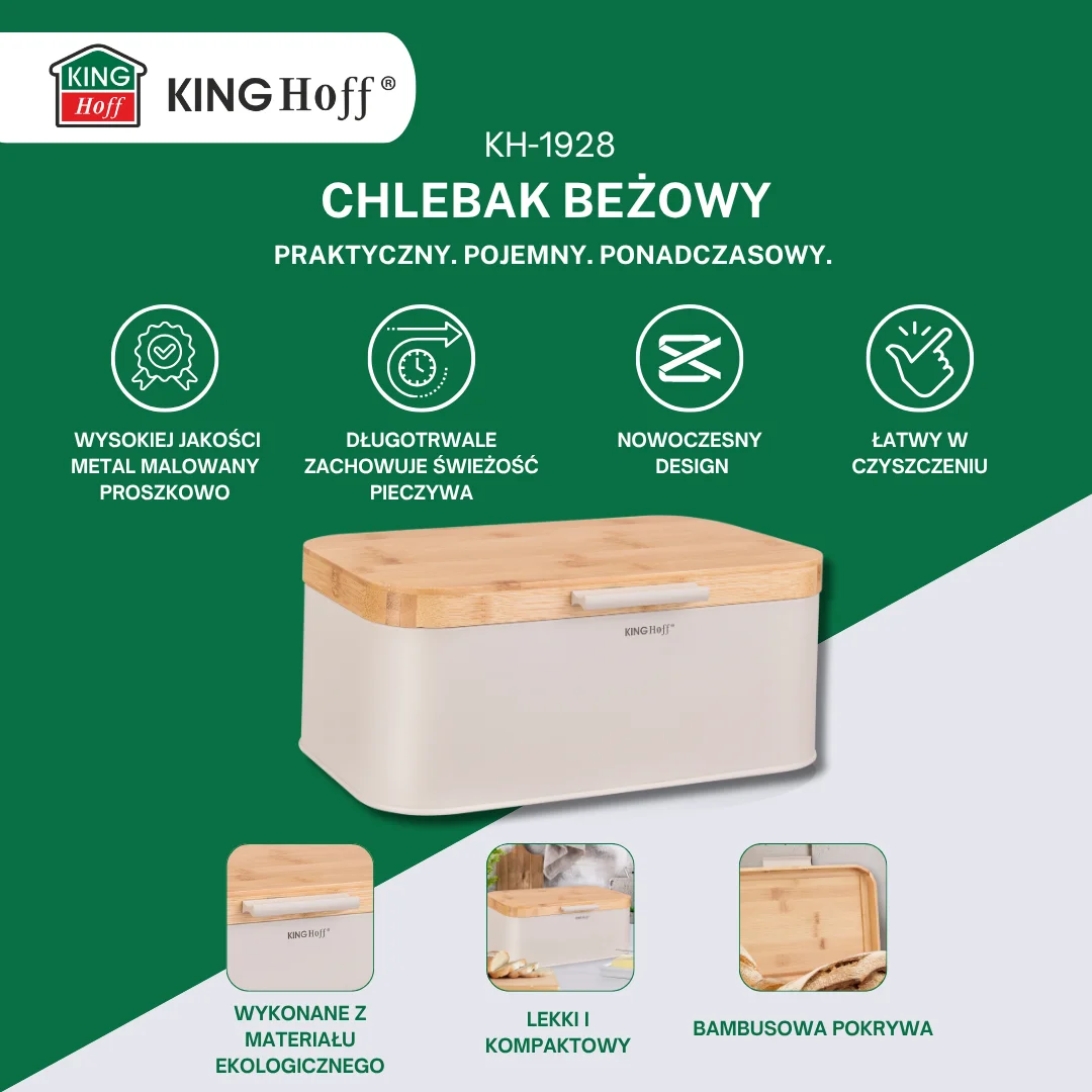 Chlebak, beżowy, z bambusową pokrywą, KINGHoff, KH-1928 — zdjęcie 3