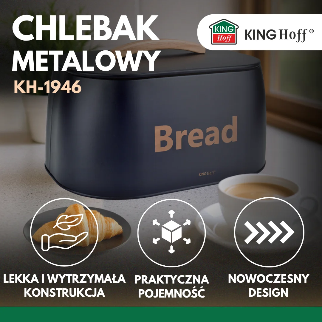 Chlebak, metalowy, drewniany uchwyt, 34x24x18,5cm, czarny, KINGHoff, KH-1946 — zdjęcie 3