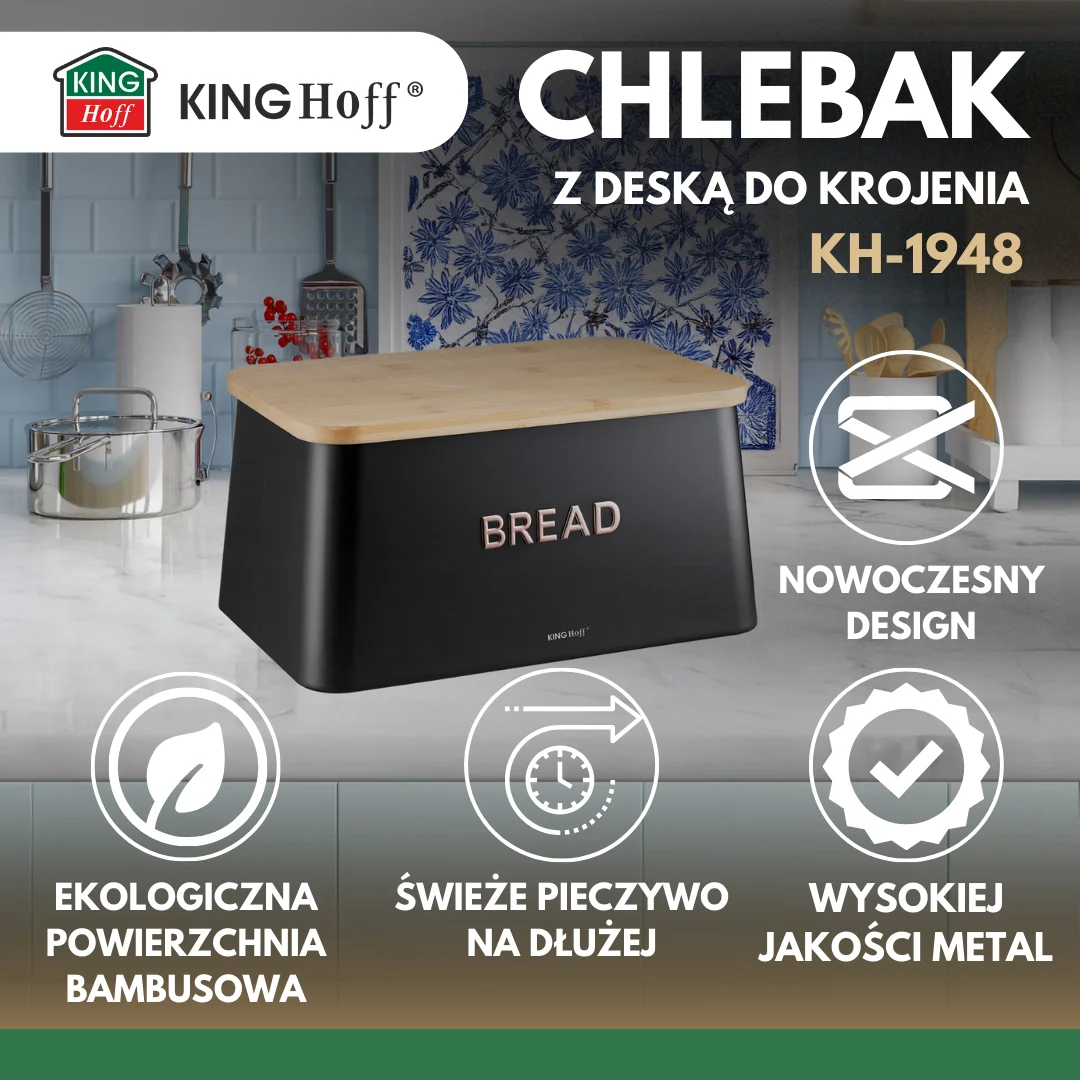 Chlebak, metalowy, z bambusowa pokrywa-deska do krojenia, czarny, KINGHoff, KH-1948 — zdjęcie 3