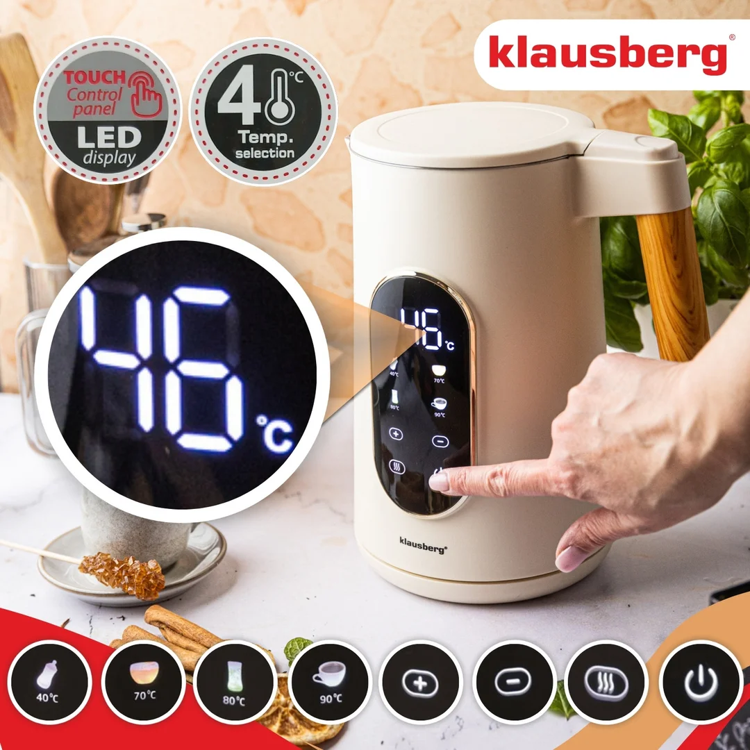 Czajnik elektryczny, 1,7L, LED dotykowy, regulacja temperatury, Klausberg — zdjęcie 4