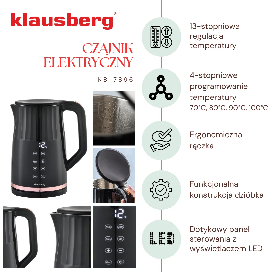 Czajnik elektryczny, stal nierdzewna 304, panel LED, 1,7l, 1850-2200W, Klausberg, KB-7896 — zdjęcie 4