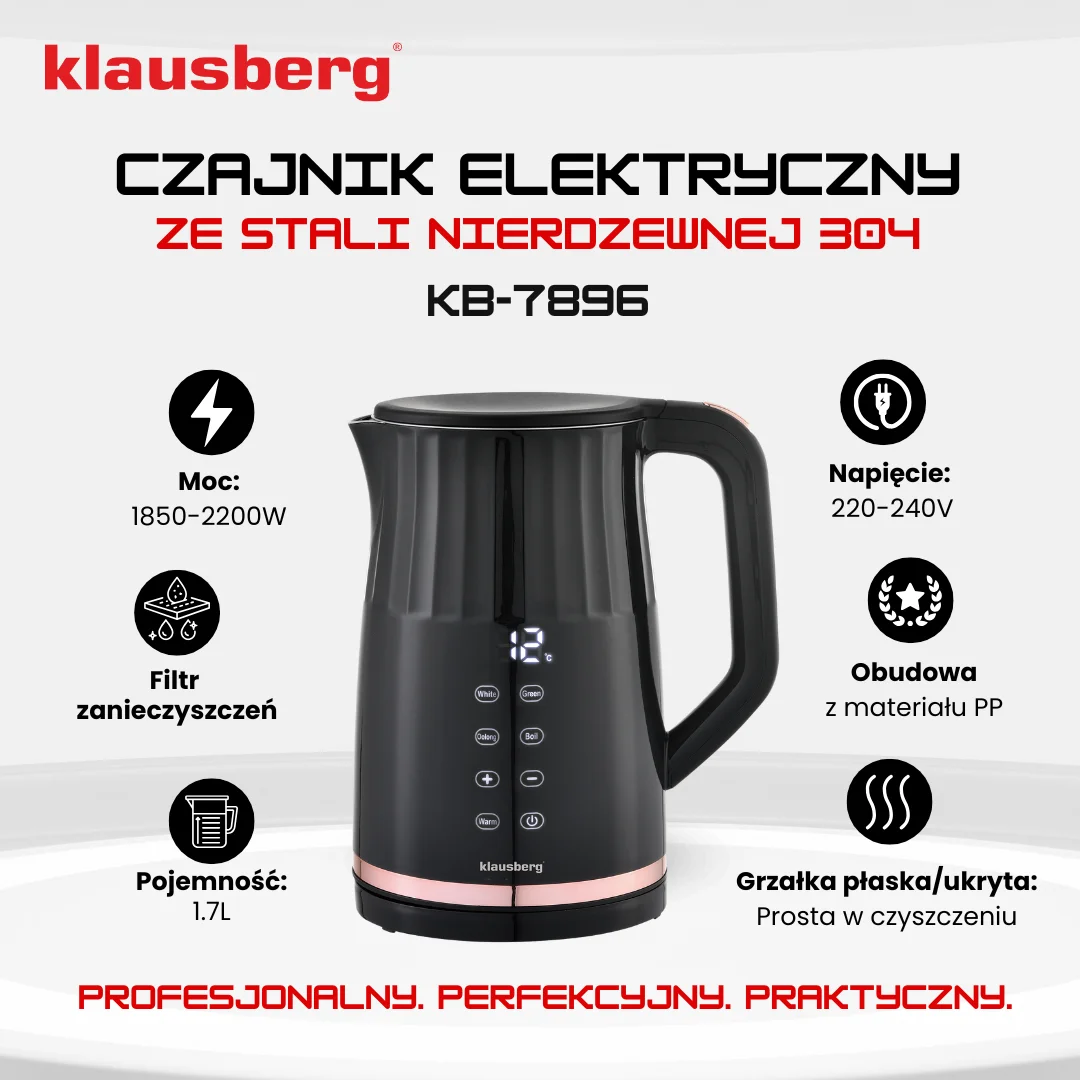 Czajnik elektryczny, stal nierdzewna 304, panel LED, 1,7l, 1850-2200W, Klausberg, KB-7896 — zdjęcie 6