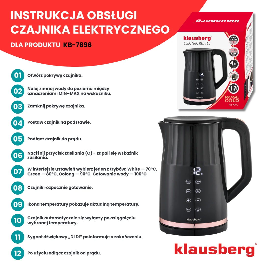 Czajnik elektryczny, stal nierdzewna 304, panel LED, 1,7l, 1850-2200W, Klausberg, KB-7896 — zdjęcie 10