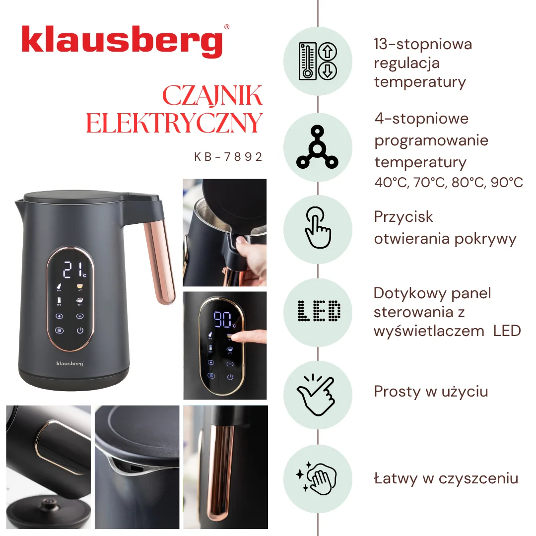 Czajnik elektryczny, stal nierdzewna 304, panel LED, kolor czarny/różowe-złoto, 1,7l, 1850-2200W, Klausberg, KB-7892 — zdjęcie 3