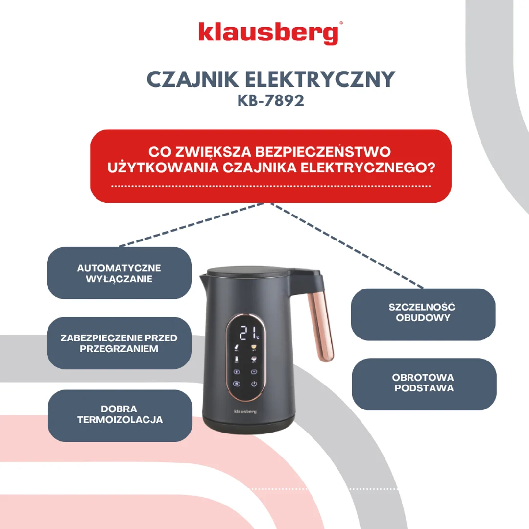 Czajnik elektryczny, stal nierdzewna 304, panel LED, kolor czarny/różowe-złoto, 1,7l, 1850-2200W, Klausberg, KB-7892 — zdjęcie 5