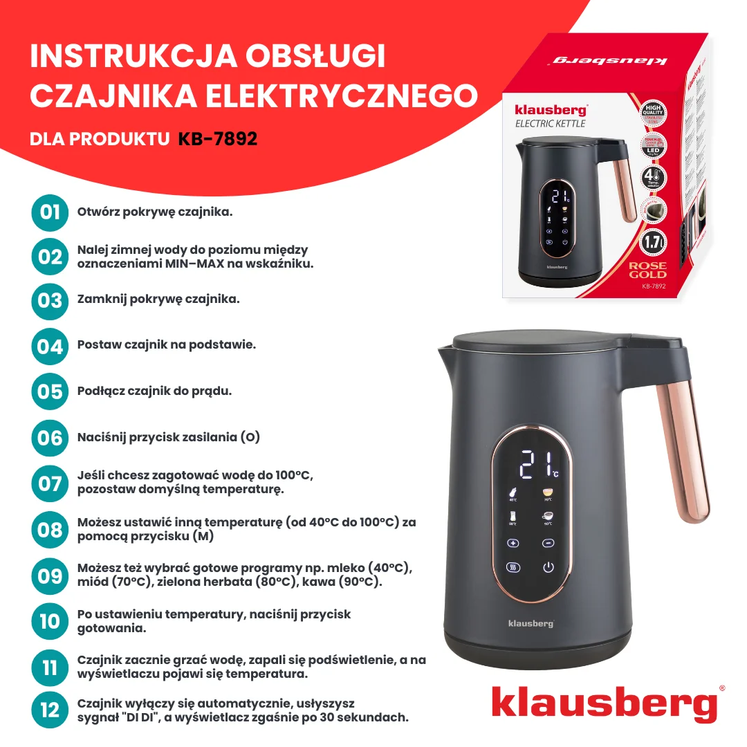 Czajnik elektryczny, stal nierdzewna 304, panel LED, kolor czarny/różowe-złoto, 1,7l, 1850-2200W, Klausberg, KB-7892 — zdjęcie 9