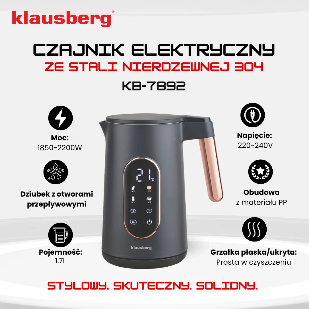 Czajnik elektryczny, stal nierdzewna 304, panel LED, kolor czarny/różowe-złoto, 1,7l, 1850-2200W, Klausberg, KB-7892 — zdjęcie 11