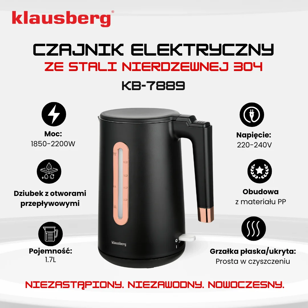 Czajnik elektryczny, stal nierdzewna, kolor czarny/różowe złoto, 1,7L, 1850-2200W, Klausberg, KB-7889 — zdjęcie 3