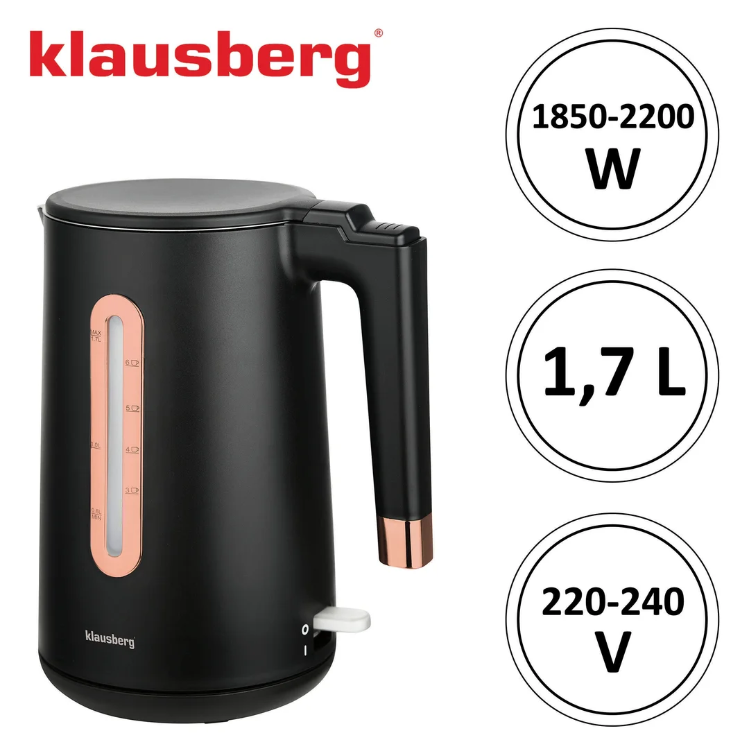 Czajnik elektryczny, stal nierdzewna, kolor czarny/różowe złoto, 1,7L, 1850-2200W, Klausberg, KB-7889 — zdjęcie 14