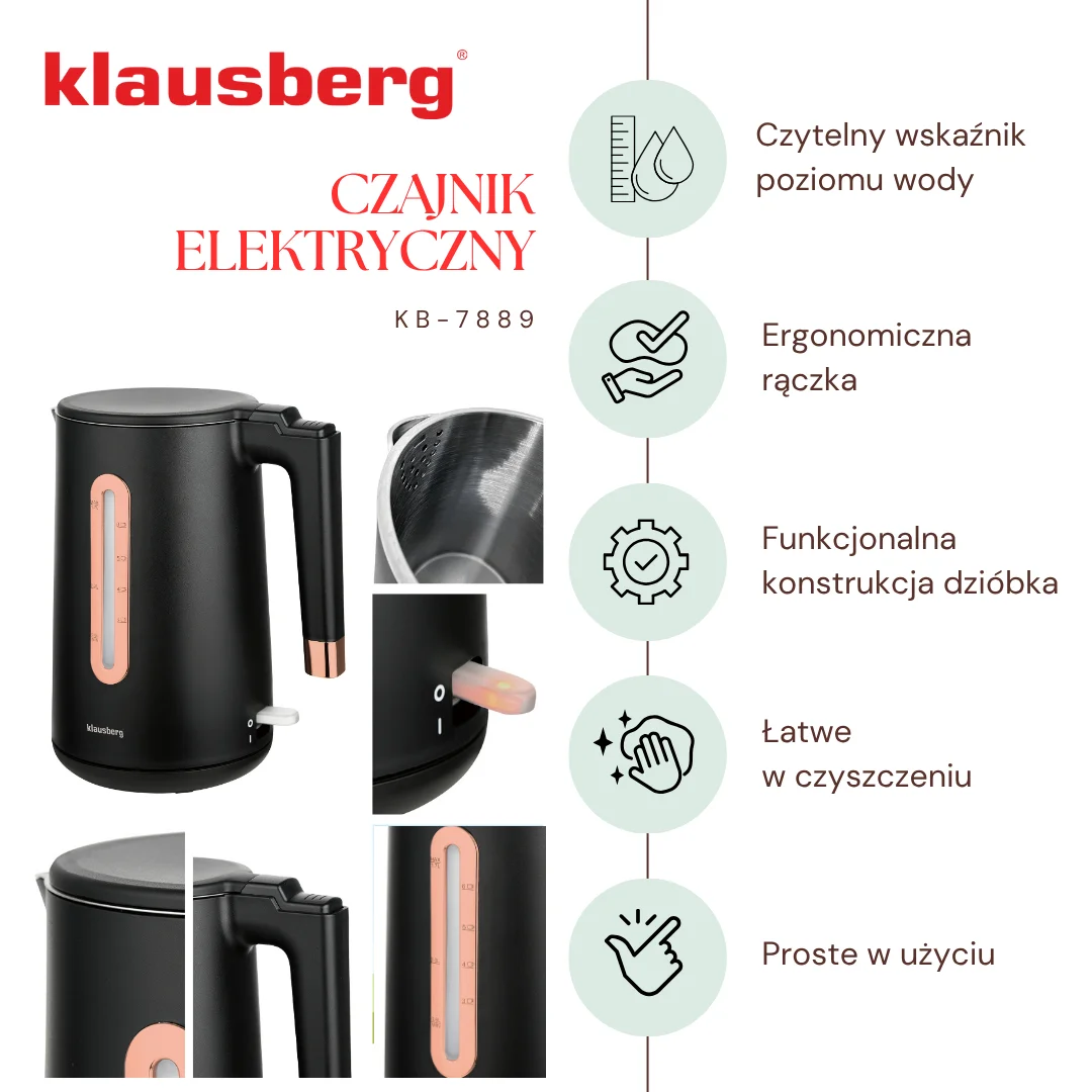 Czajnik elektryczny, stal nierdzewna, kolor czarny/różowe złoto, 1,7L, 1850-2200W, Klausberg, KB-7889 — zdjęcie 5